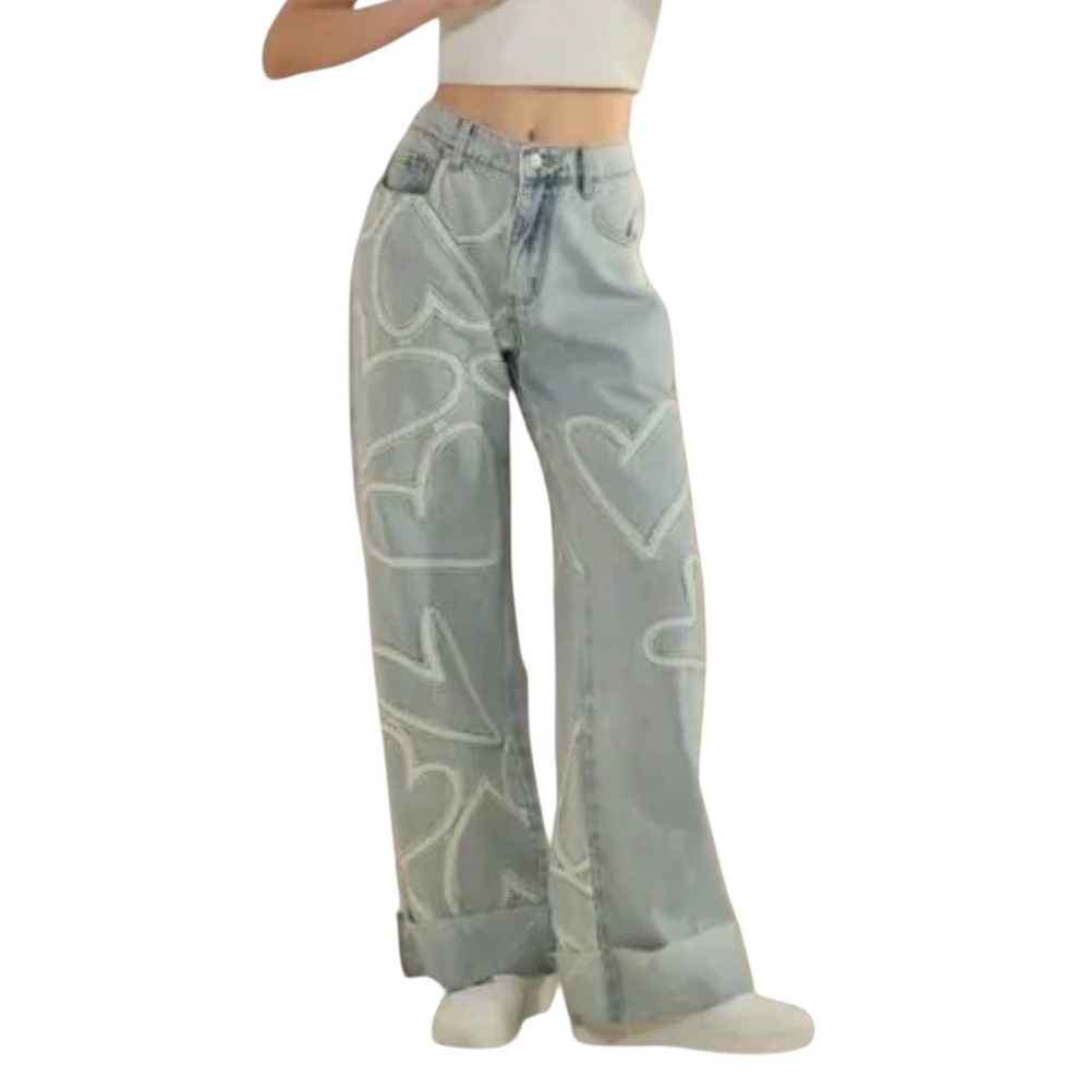 OH Oil & Hali Womens XL Heart Applique Wide Leg Denim Jeans Streetwear Girlhood